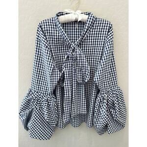 TOV | Navy Gingham Tie Front Bow Blouse Dramatic Balloon Sleeves | Size 38